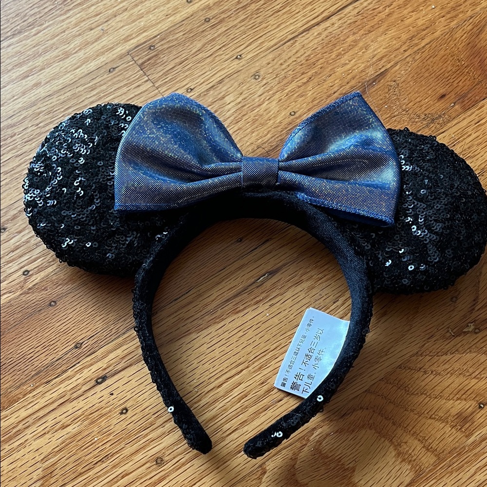 Black Sequin Mickey Ears with Blue Shimmery Bow